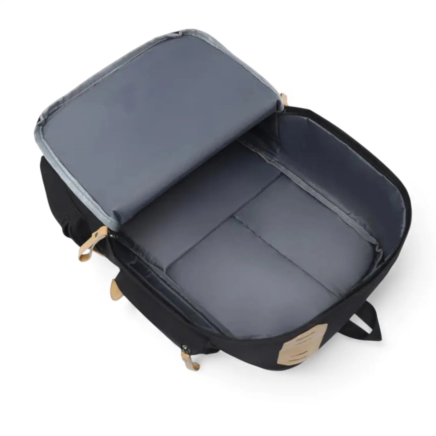 Vue intérieure d’un sac à dos lycéen multipoche entièrement ouvert