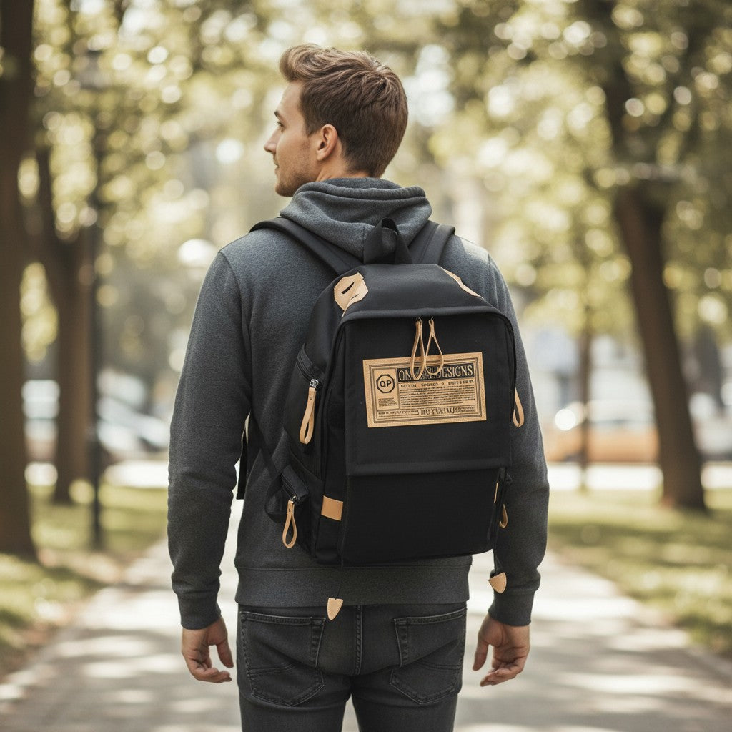 Étudiant portant un sac à dos lycéen noir multipoche en extérieur