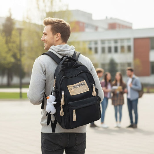 Sac à dos lycéen noir  porté par un garçon en extérieur