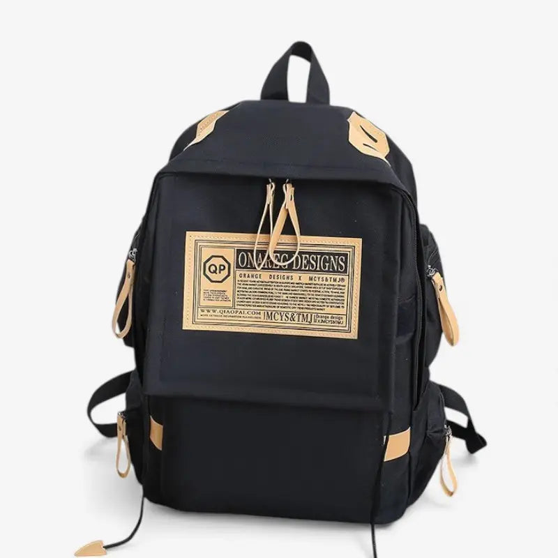 Sac à dos lycéen noir multipoche avec étiquette frontale beige