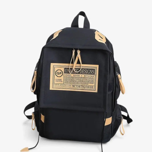 Sac à dos lycéen noir multipoche avec étiquette frontale beige