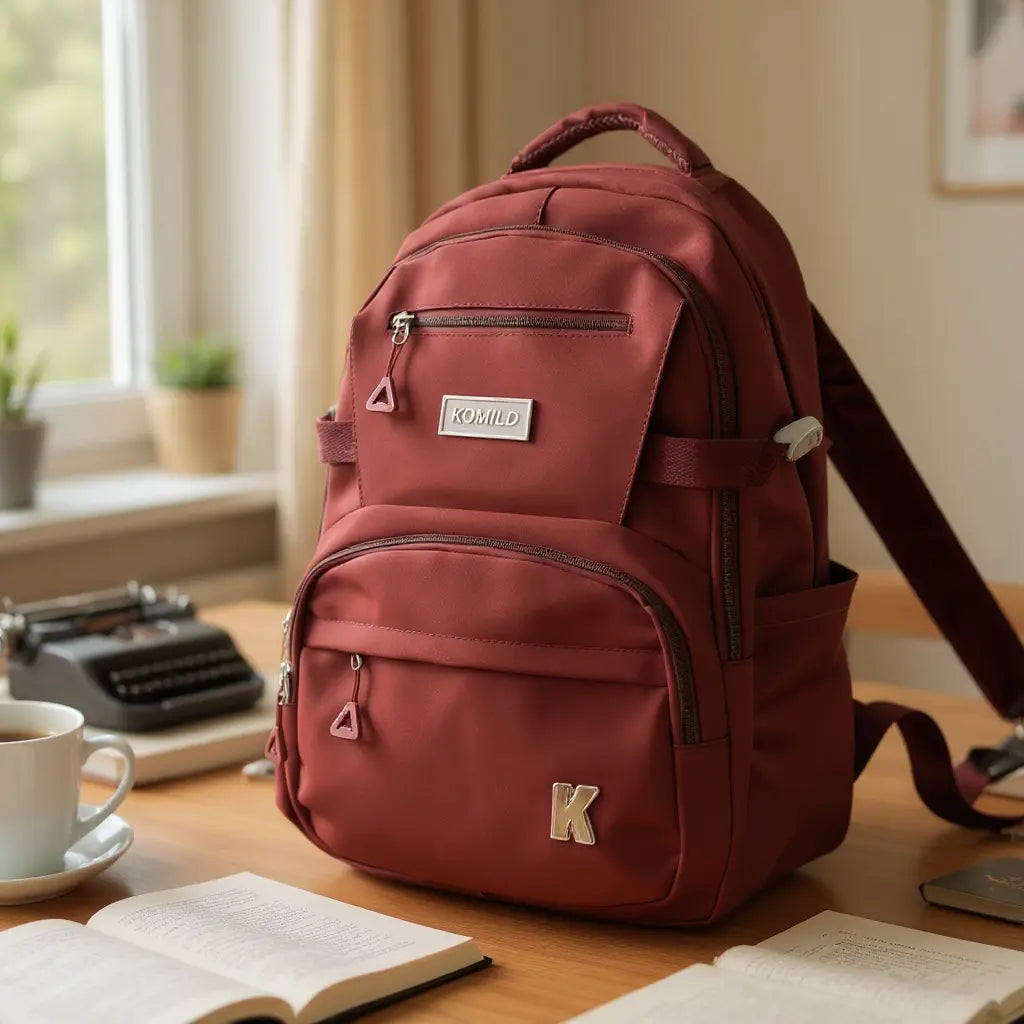Sac à dos rouge grande capacité posé sur un bureau avec cahiers et ordinateur.