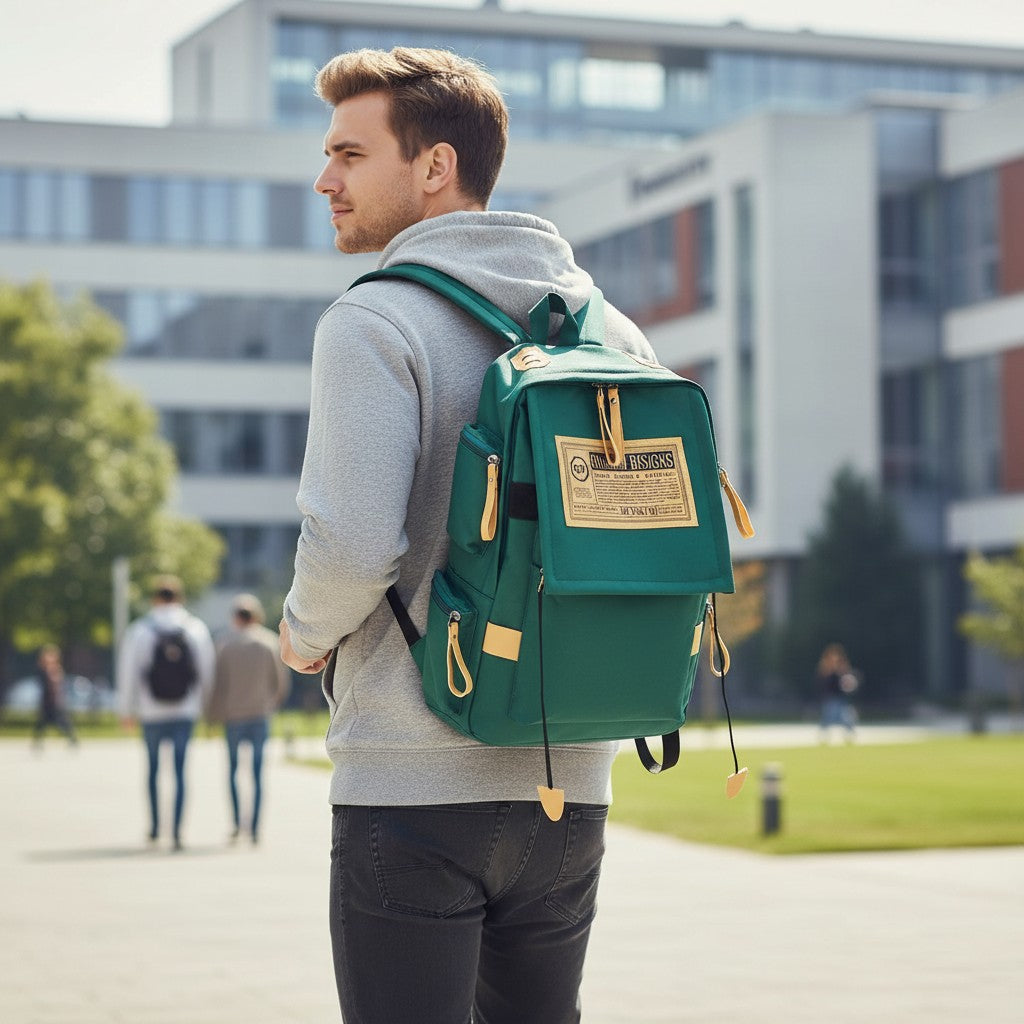 Étudiant portant un sac à dos lycéen vert multipoche sur un campus