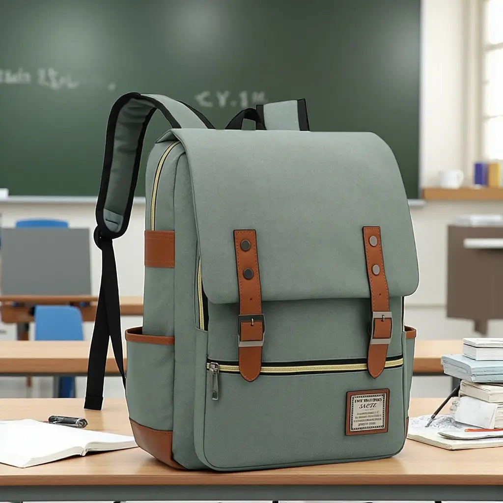 Sac à dos pour lycéen vert avec rabat et sangles marron, posé sur une table dans une salle d'école.