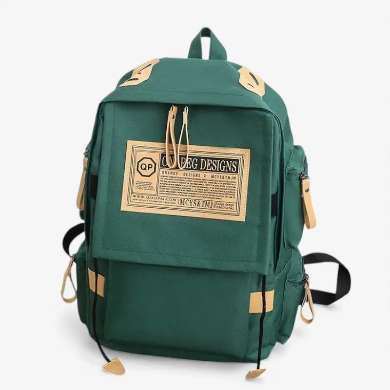 Sac à dos lycéen vert multipoche présenté en vue de face