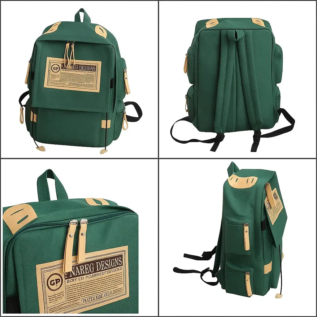 Sac à dos lycéen vert multipoche présenté en plusieurs vues détaillées