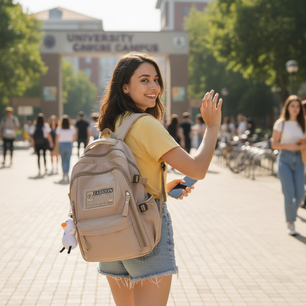 Sac à dos lycéenne beige porté en extérieur