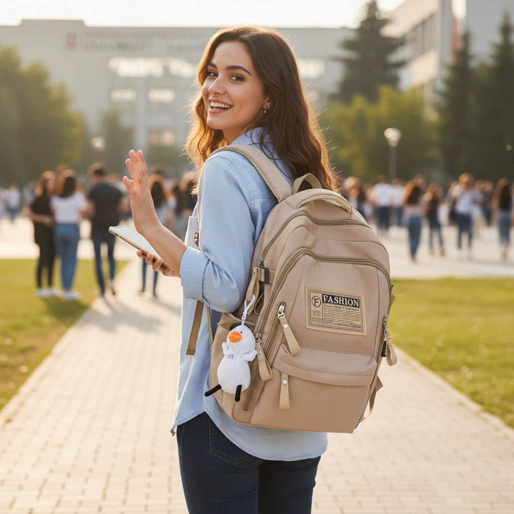 Sac à dos lycéenne bleu clair  porté par une étudiante