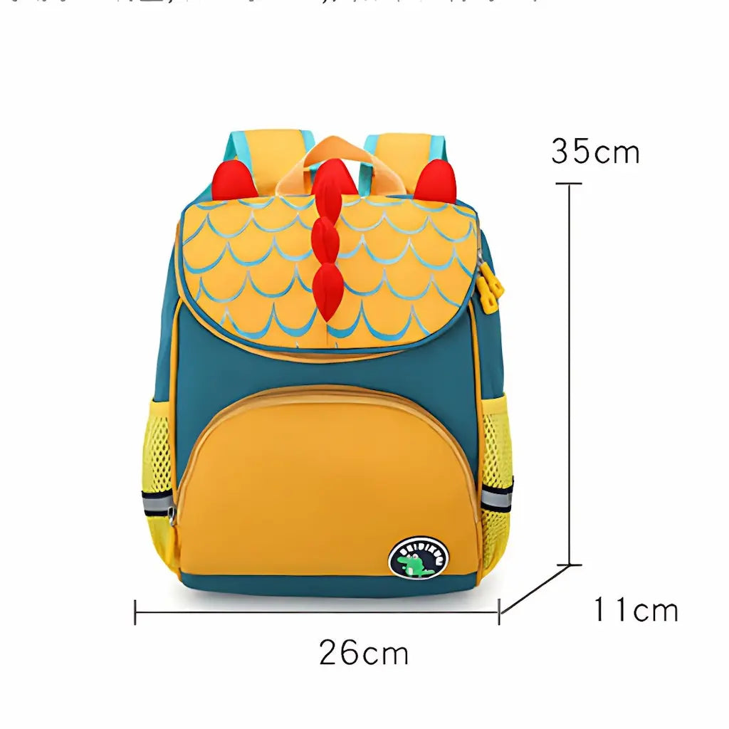 Sac à dos maternelle dinosaure jaune et vert avec dimensions 35 × 26 × 11 cm.