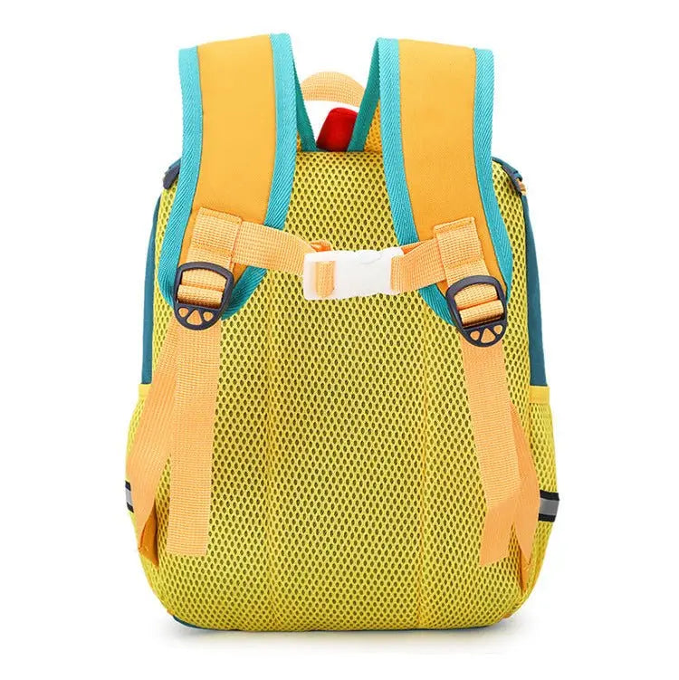 Vue arrière du sac à dos maternelle dinosaure jaune avec bretelles ajustables.