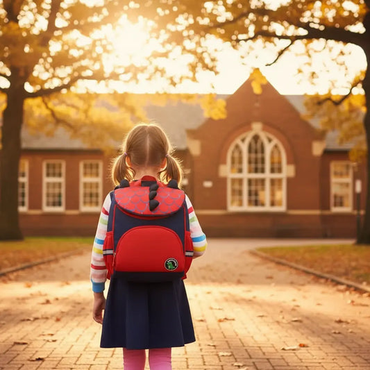 Sac à dos maternelle dinosaure rouge et bleu porté par un enfant.