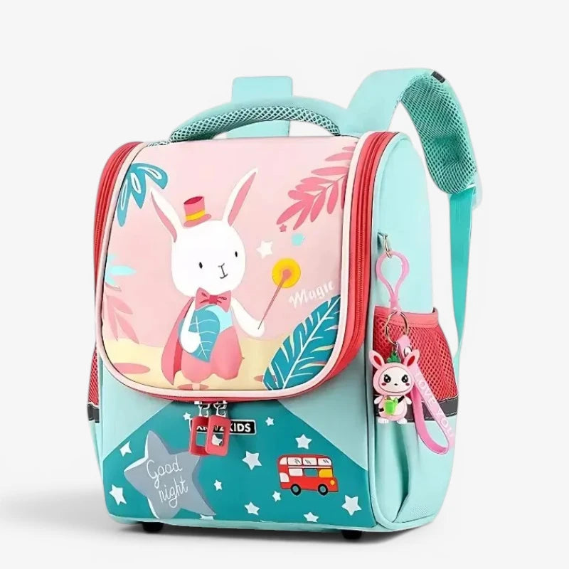 Sac à dos maternelle lapin bleu turquoise et rose, vue de face