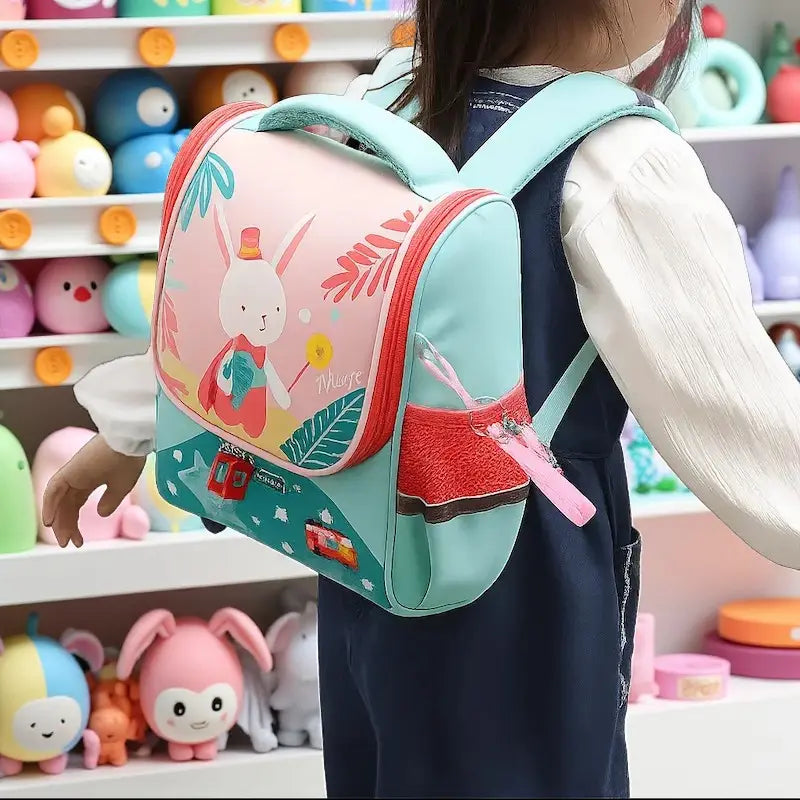 Sac à dos maternelle motif lapin turquoise et rose porté par une petite fille, vue de profil