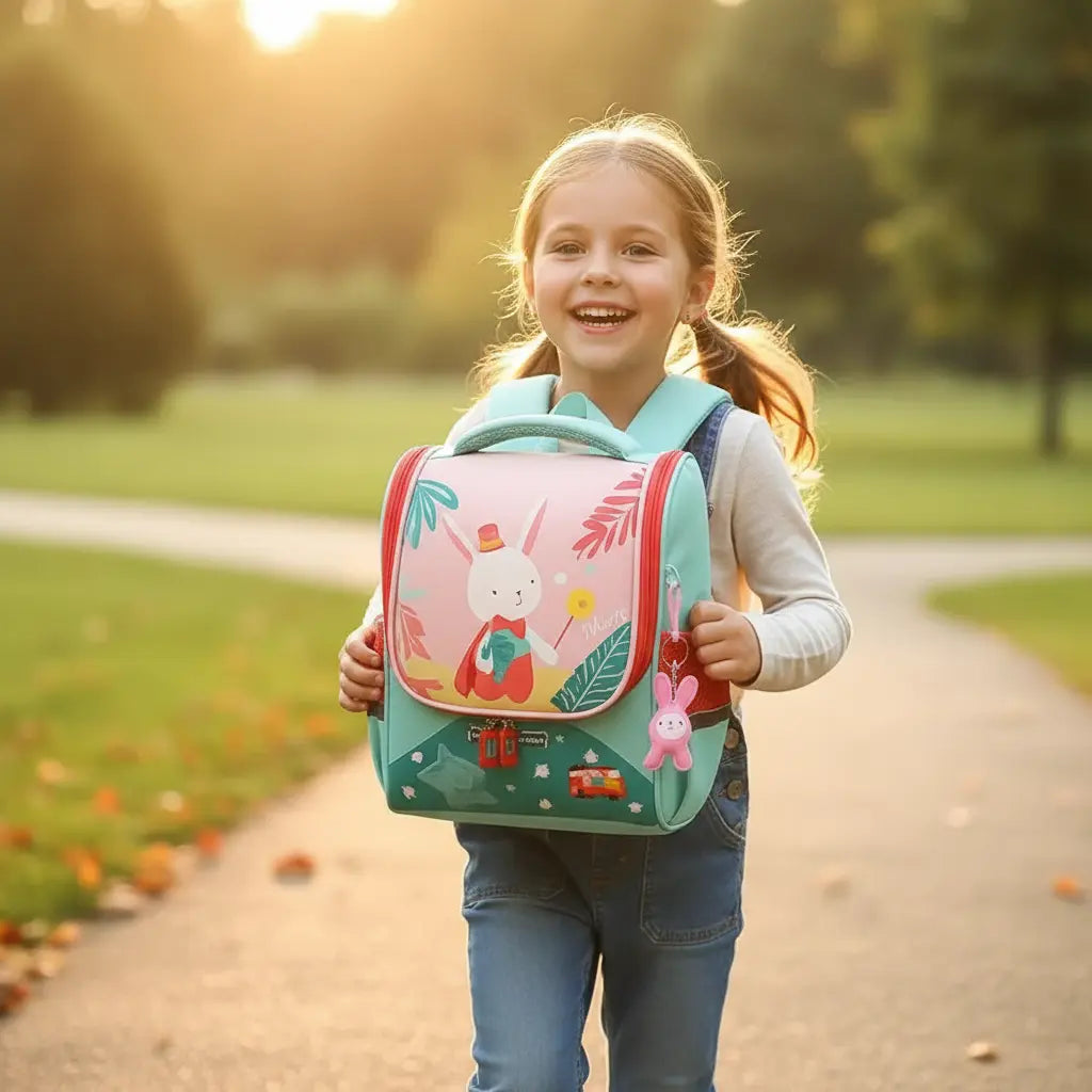 Sac à dos maternelle motif lapin turquoise et rose porté par une petite fille, vue de face.