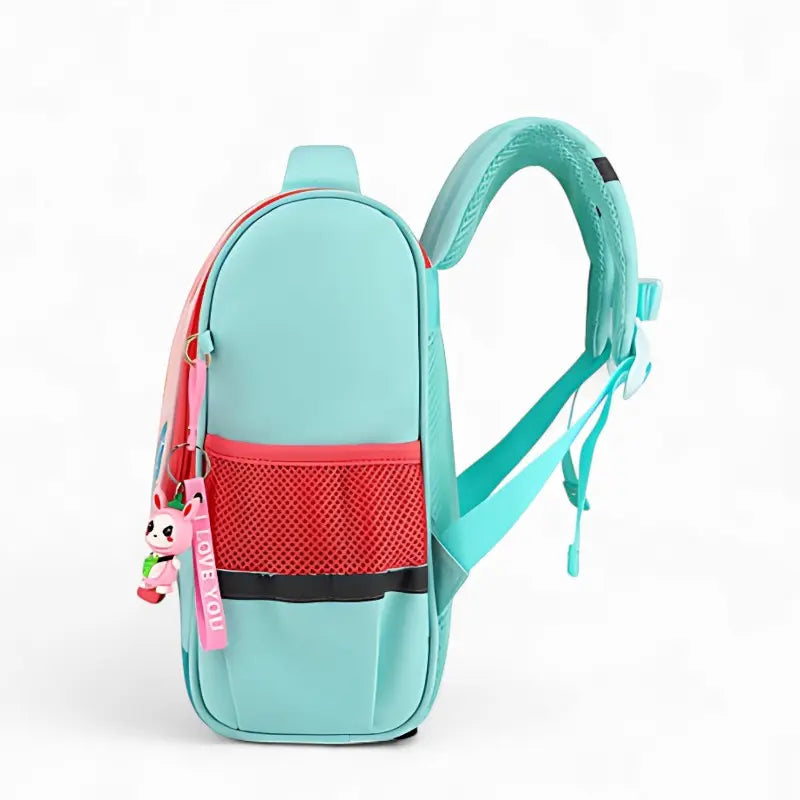 Sac à dos maternelle motif lapin, vue de côté avec poche filet rouge