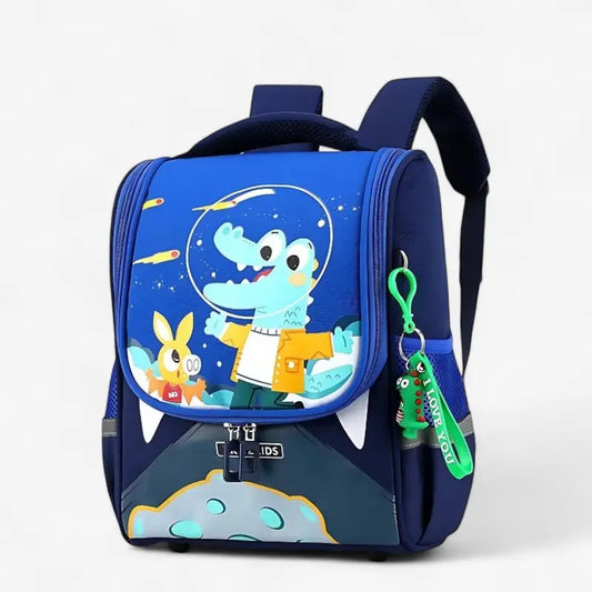 Sac à dos maternelle motif crocodile cosmonaut bleu avec porte-clés dinosaure.