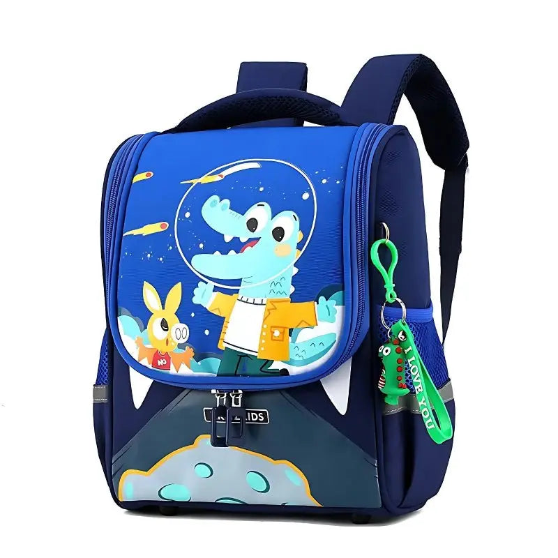 Sac à dos maternelle motif crocodile cosmonaute  bleu avec porte-clés dinosaure.