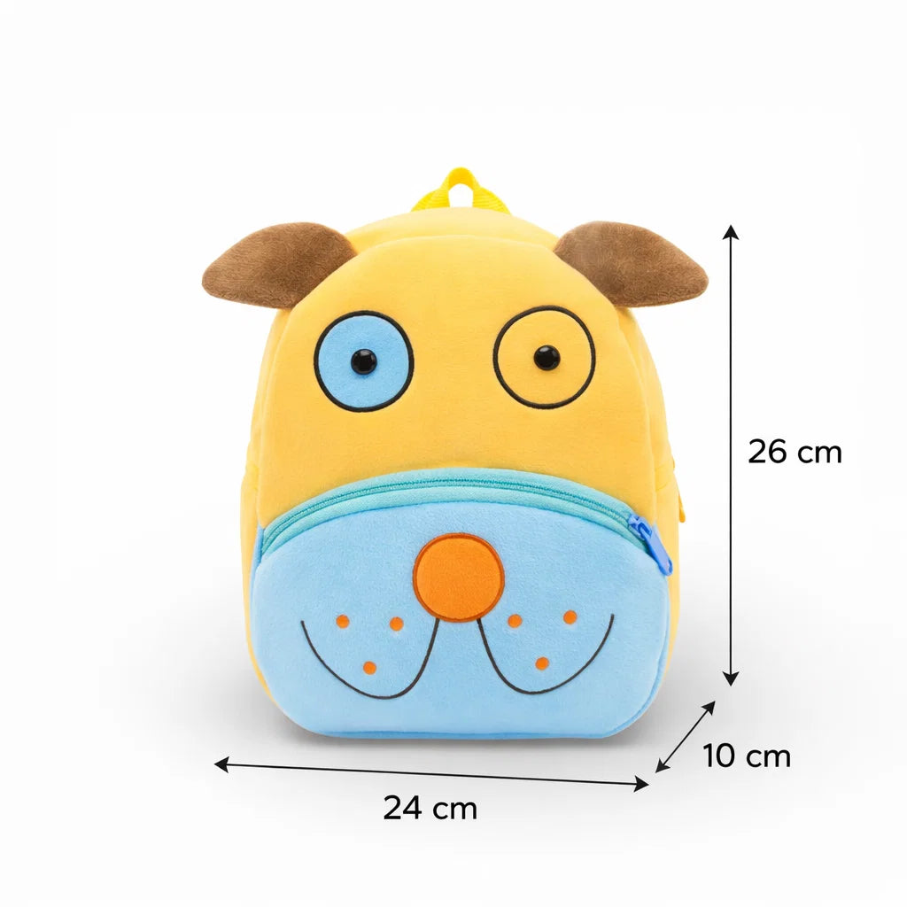 Vue de face du sac à dos maternelle en peluche chien avec dimensions