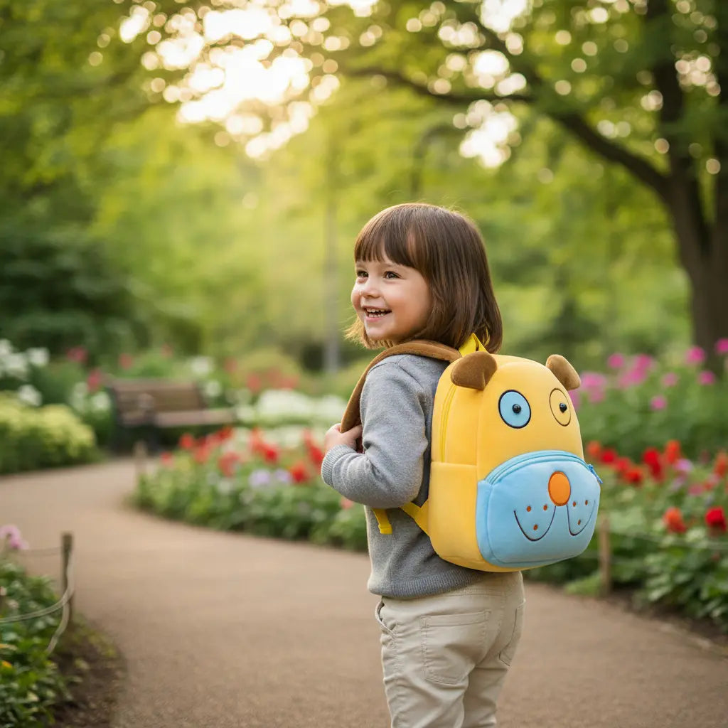 Sac à dos maternelle en peluche chien porté par un enfant en extérieur