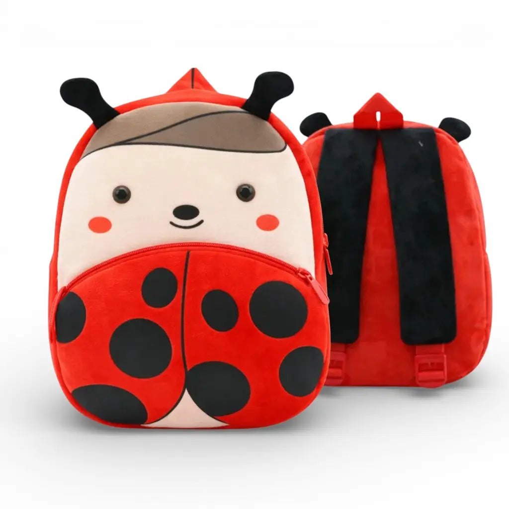 Vue face et dos du sac à dos maternelle en peluche coccinelle
