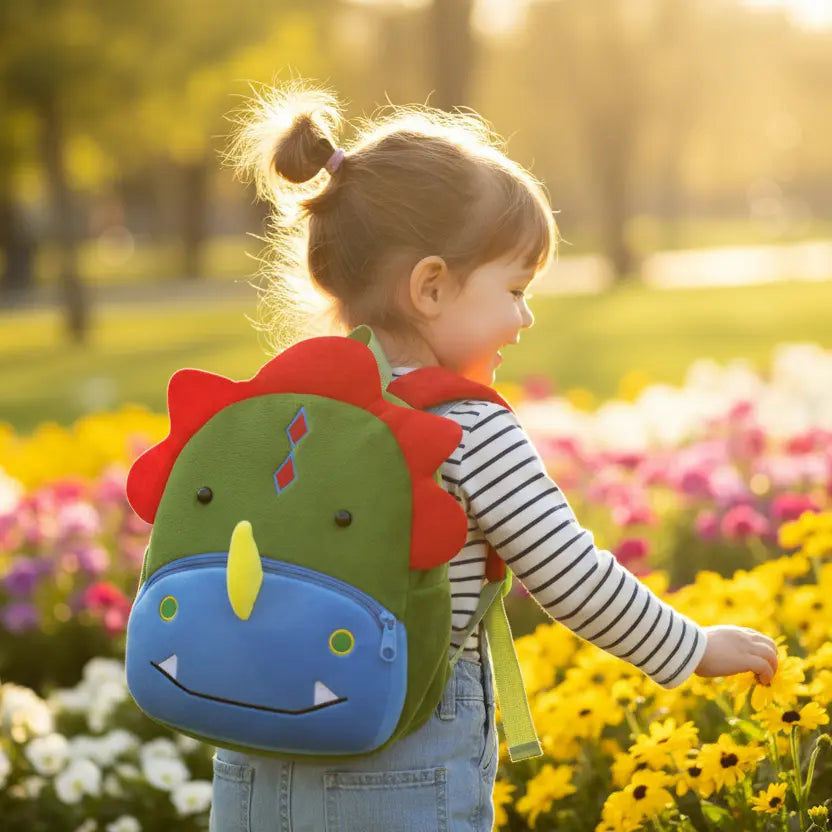 Sac à dos maternelle en peluche dinosaure porté par un enfant en extérieur