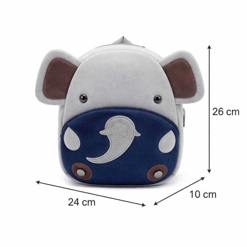 Vue avant du sac à dos maternelle en peluche éléphant avec dimensions
