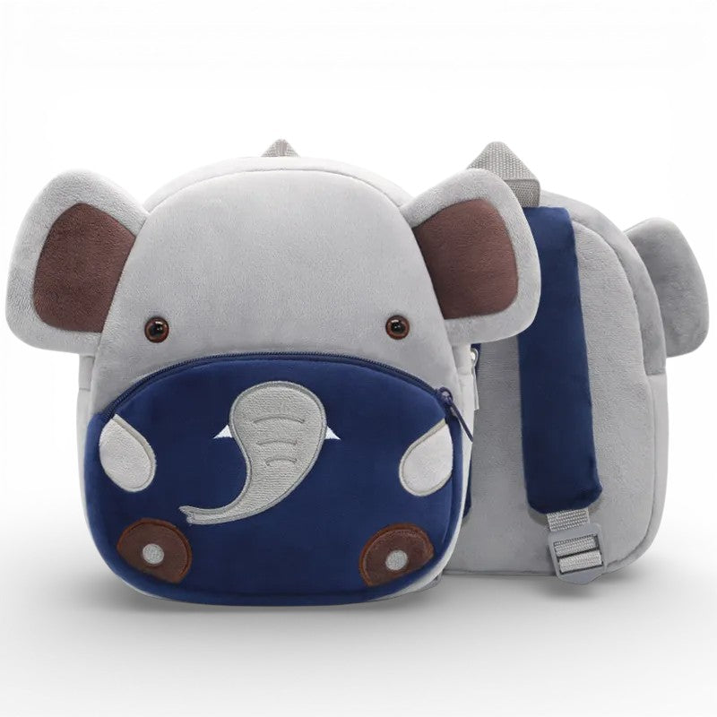 Vue de profil du sac à dos maternelle en peluche éléphant
