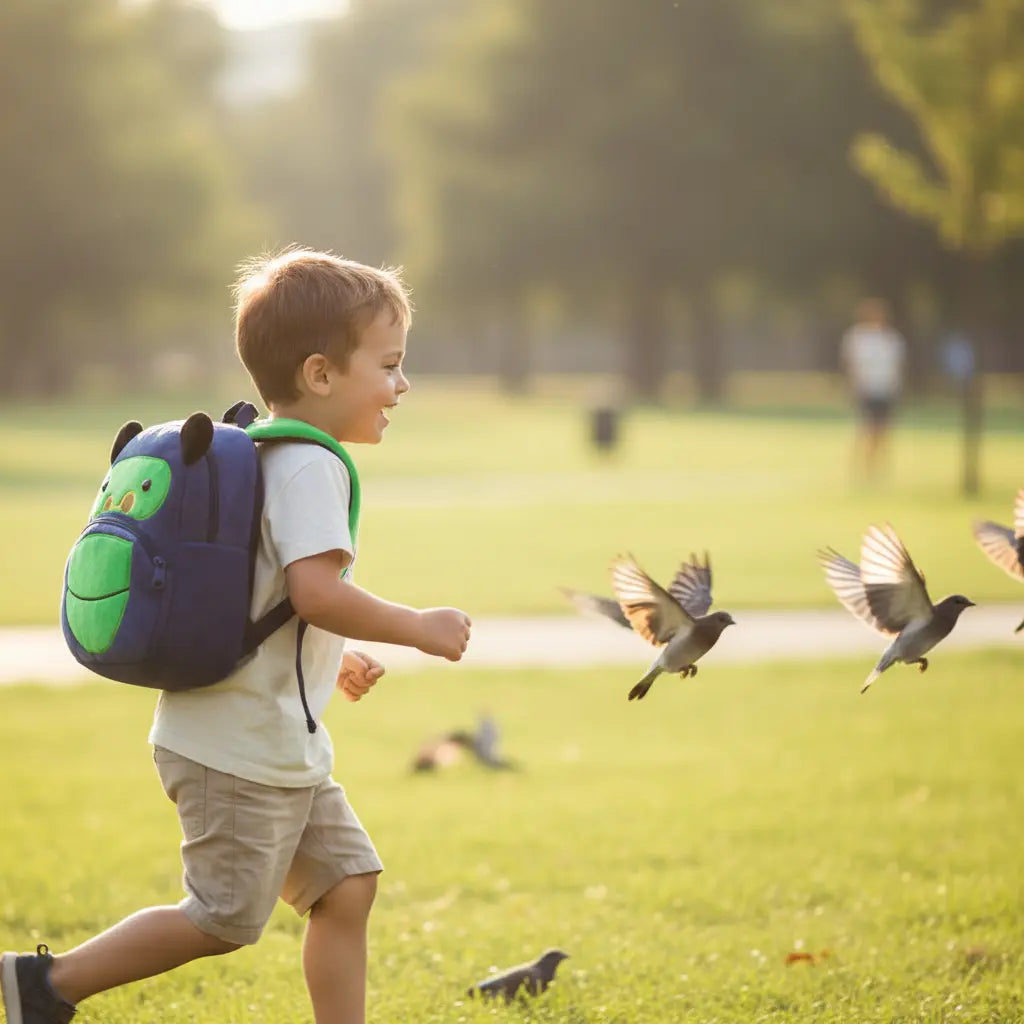 Enfant portant un sac à dos maternelle en peluche gorille en extérieur