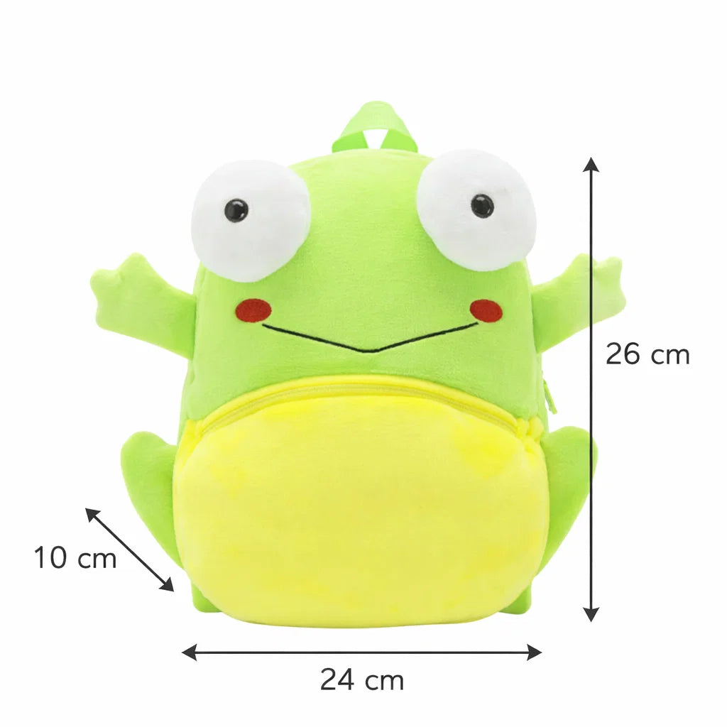 Dimensions du sac à dos maternelle en peluche grenouille verte et jaune 26 x 24 x 10 cm