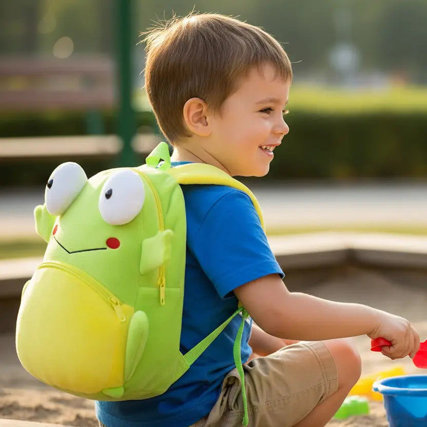 Sac à dos maternelle en peluche grenouille verte et jaune porté par un enfant en extérieur
