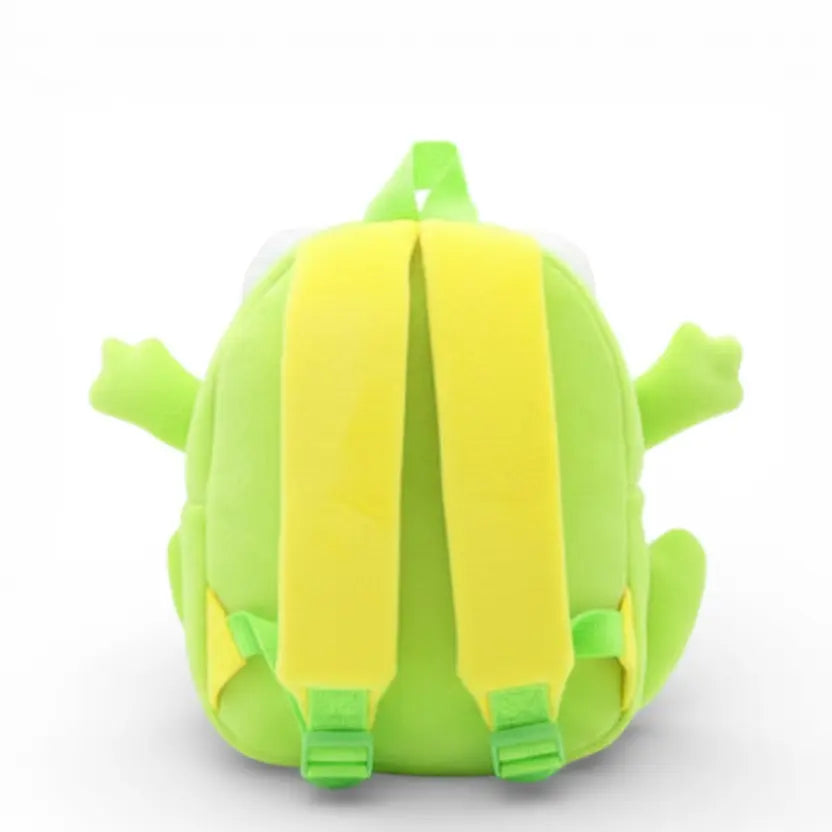 Vue arrière du sac à dos maternelle en peluche grenouille verte et jaune avec bretelles