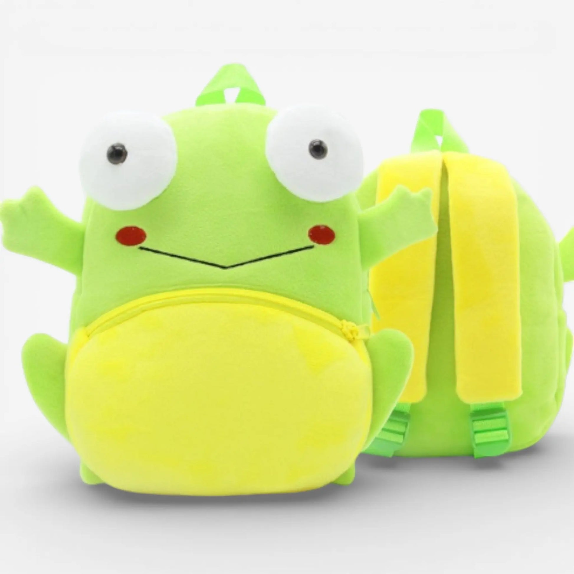 Sac à dos maternelle en peluche grenouille verte et jaune vue de face et de dos