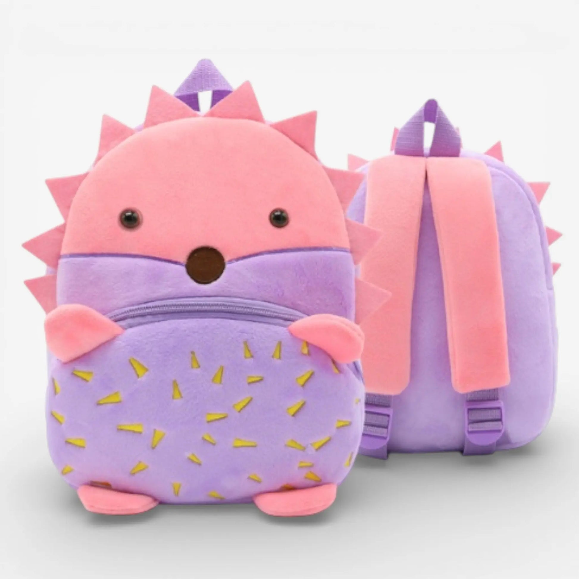Sac à dos maternelle en peluche hérisson rose et violet vue de face et de dos