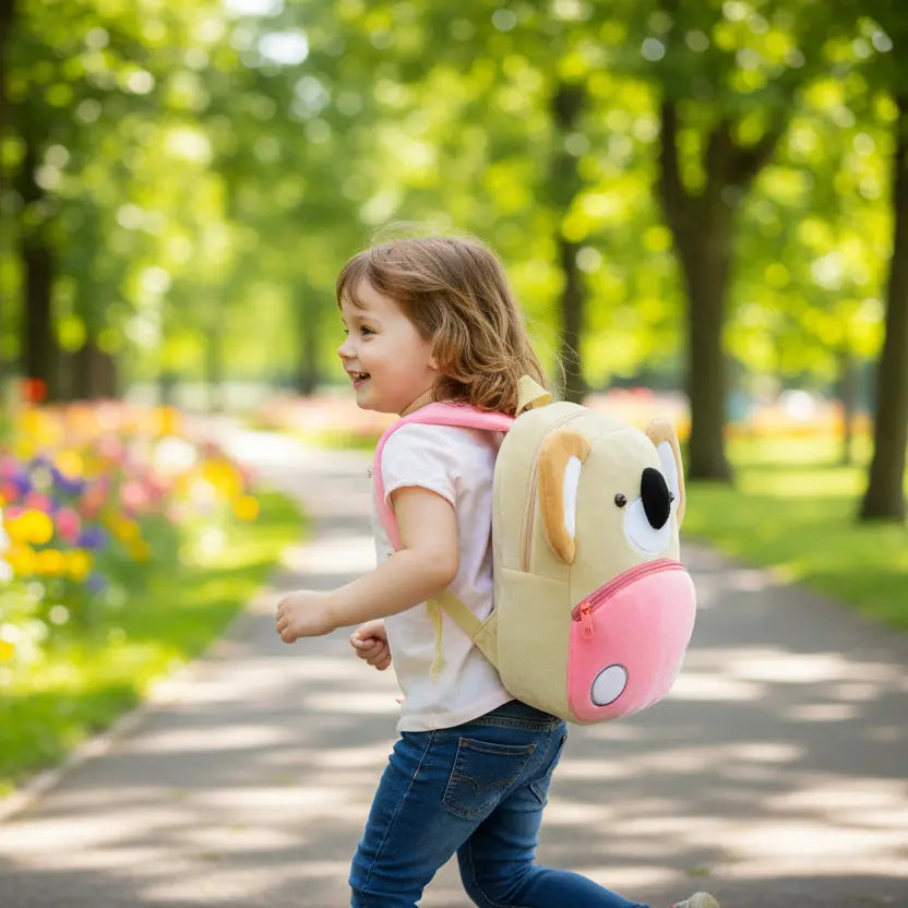 Sac à dos maternelle en peluche koala beige et rose porté par un enfant en extérieur
