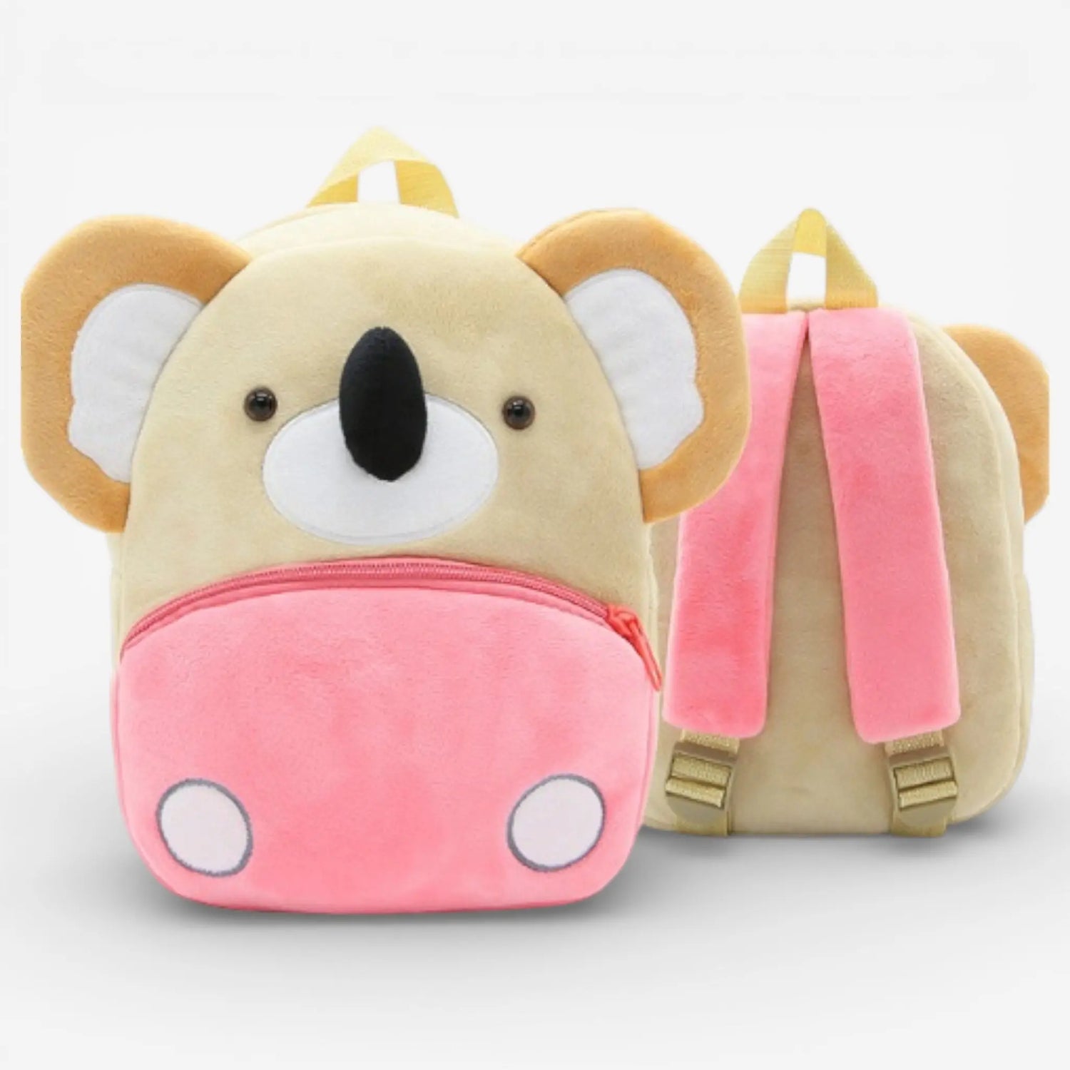 Sac à dos maternelle en peluche koala beige et rose vue de face et de dos