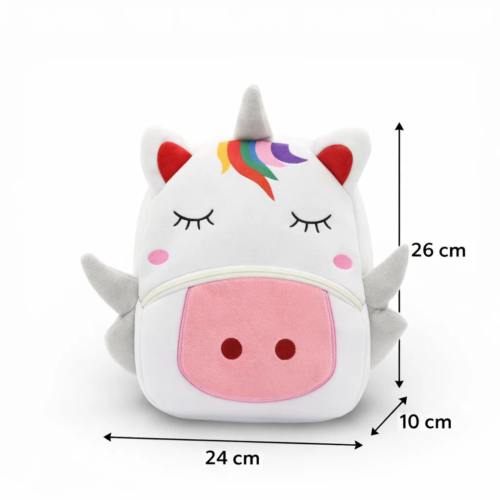 Vue de face du sac à dos maternelle en peluche licorne avec dimensions