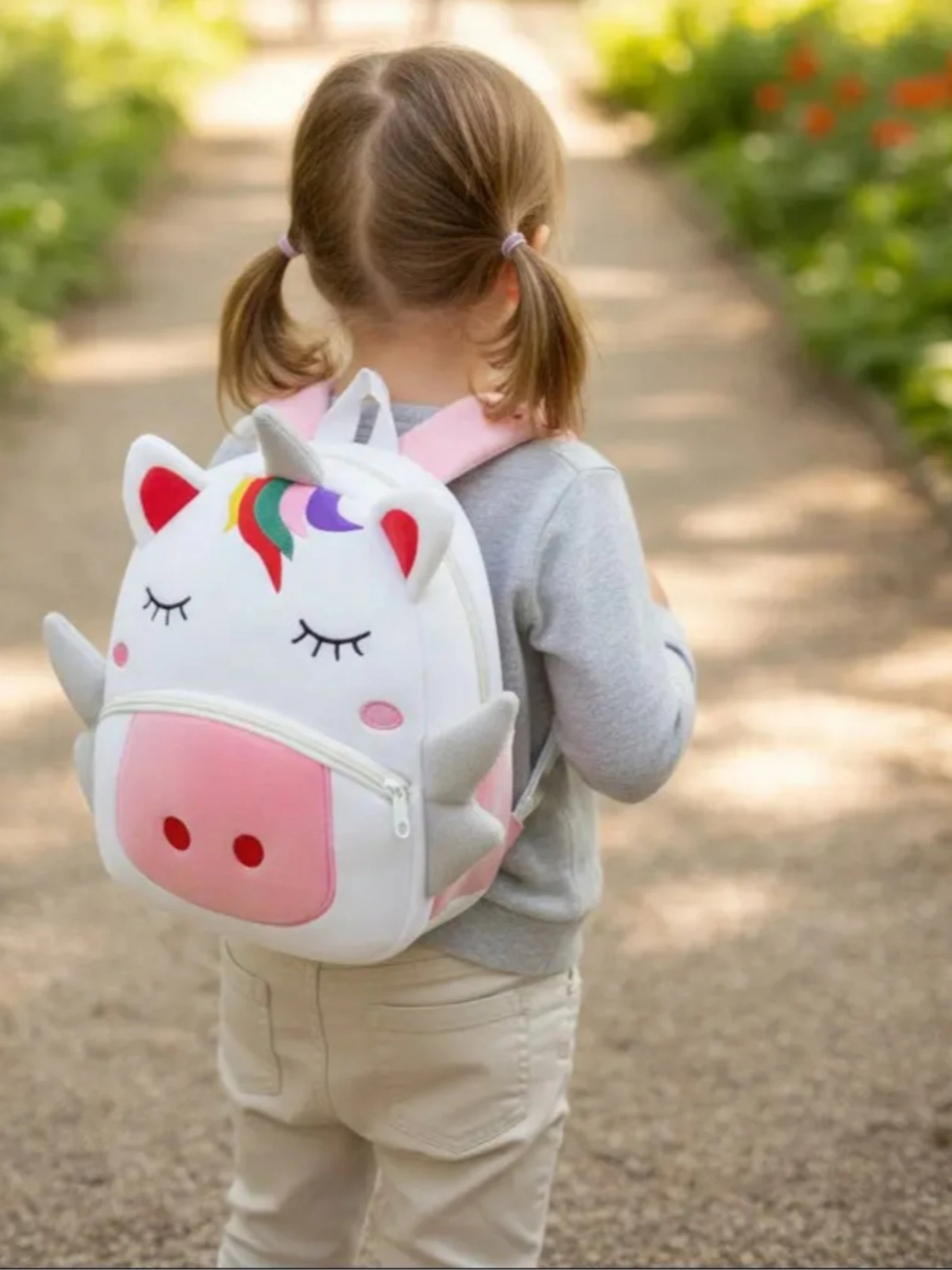 Sac à dos maternelle en peluche licorne porté par un enfant en extérieur