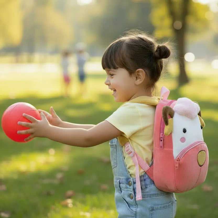 Sac à dos maternelle en peluche mouton rose porté par un enfant en extérieur