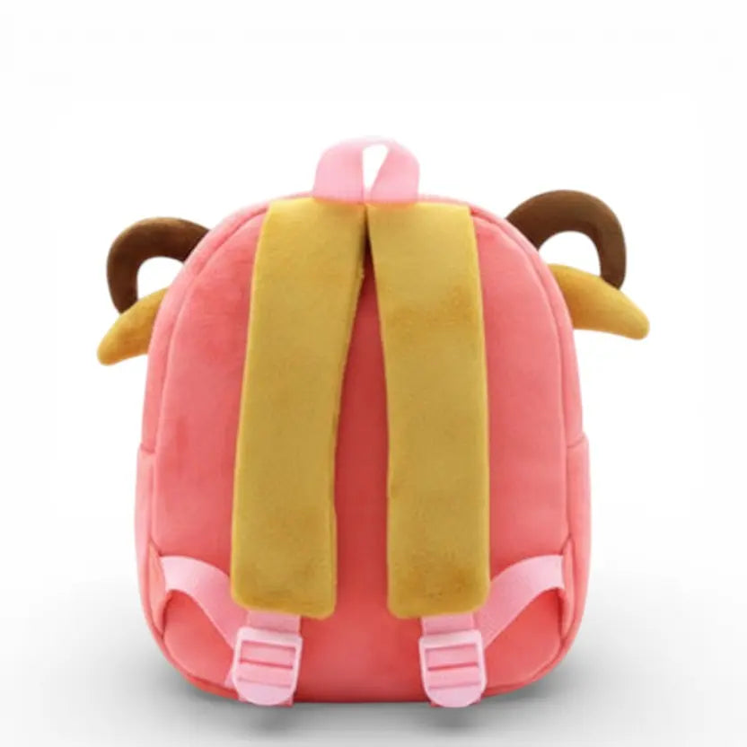 Vue arrière du sac à dos maternelle en peluche mouton rose avec bretelles