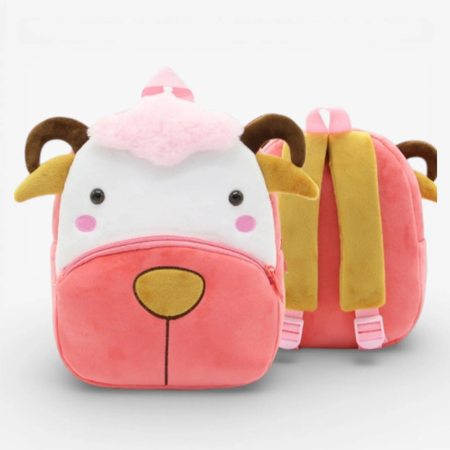 Sac à dos maternelle en peluche mouton rose vue de face et de dos