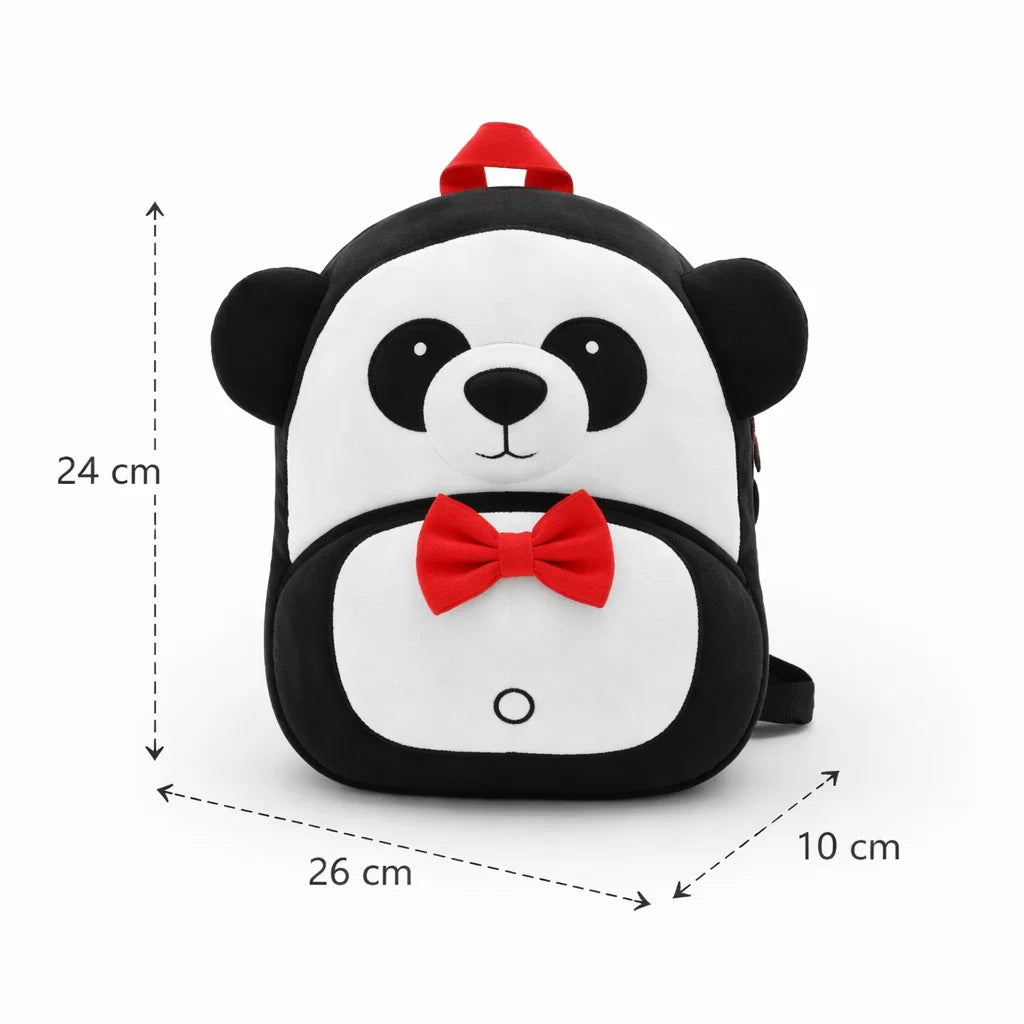 Vue avant du sac à dos maternelle en peluche panda avec dimensions
