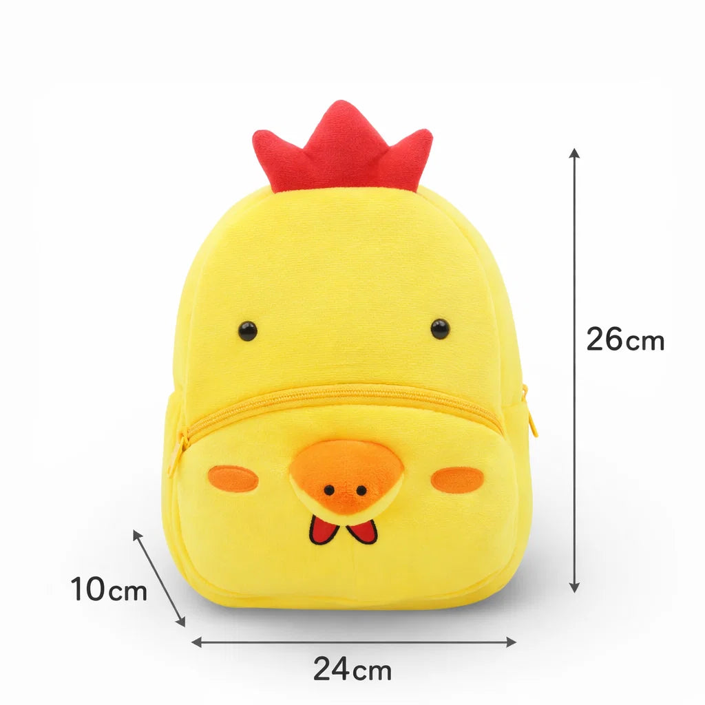 Vue de face du sac à dos maternelle en peluche poussin avec dimensions