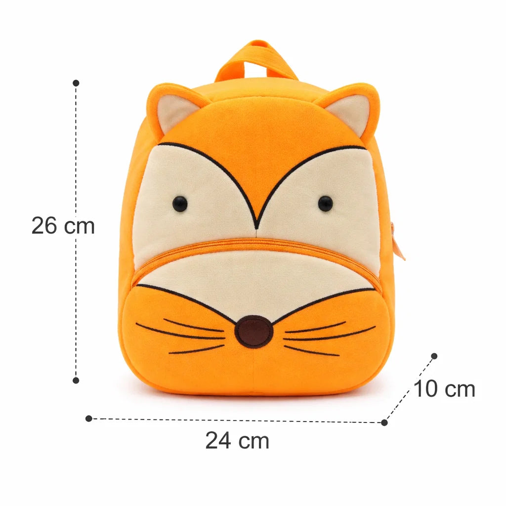 Vue avant du sac à dos maternelle en peluche renard avec dimensions
