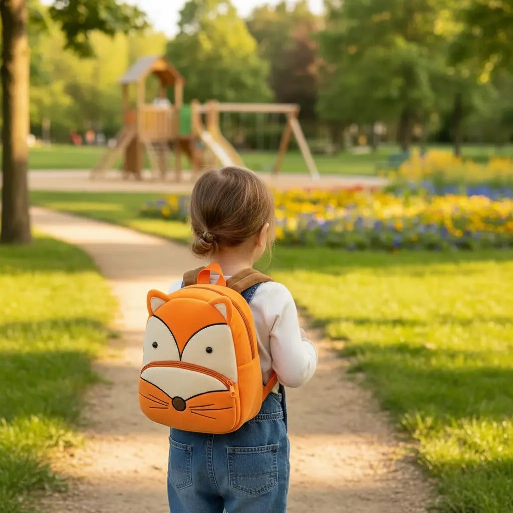 Sac à dos maternelle en peluche renard porté par un enfant en extérieur
