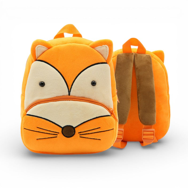 Vue face et profil du sac à dos maternelle en peluche renard
