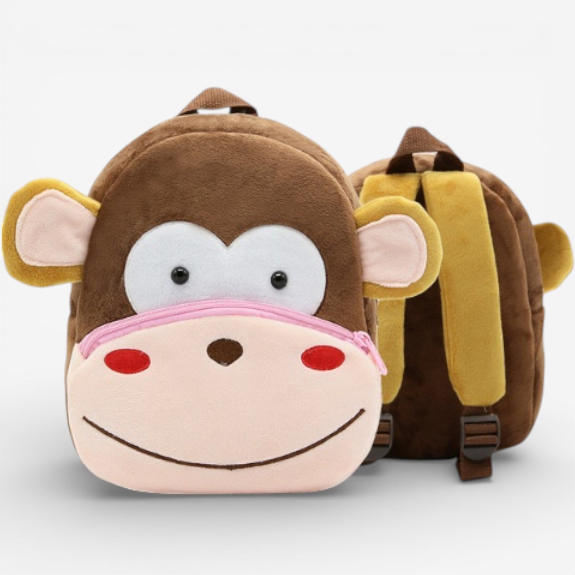 Vue avant et arrière du sac à dos maternelle en peluche singe