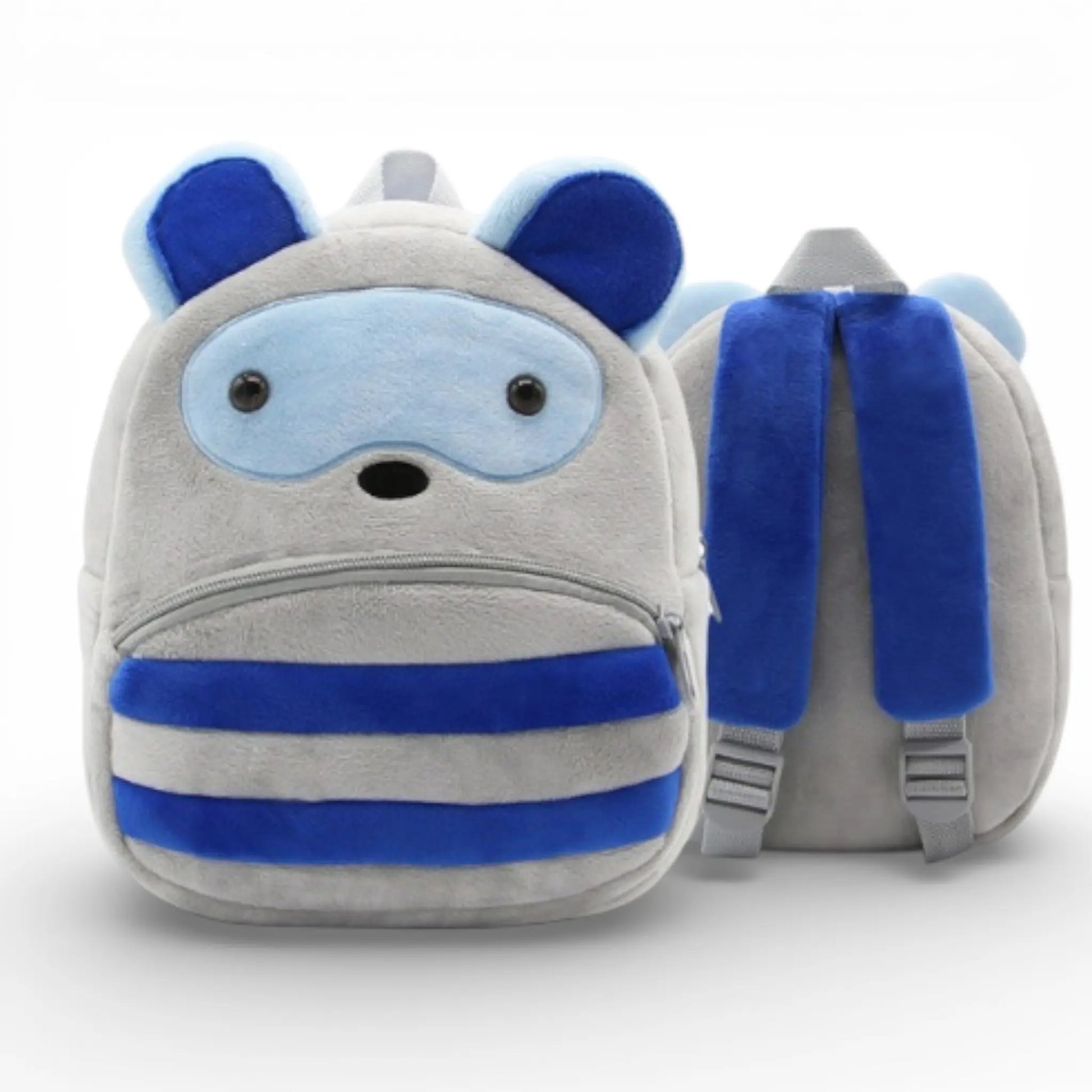 Vue avant et arrière du sac à dos maternelle en peluche souris