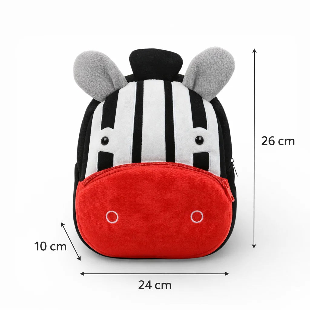 Vue de face du sac à dos maternelle en peluche zèbre avec dimensions