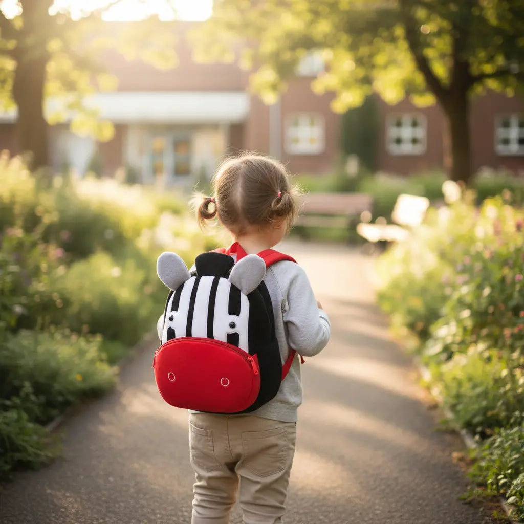 Sac à dos maternelle en peluche zèbre porté par un enfant en extérieur