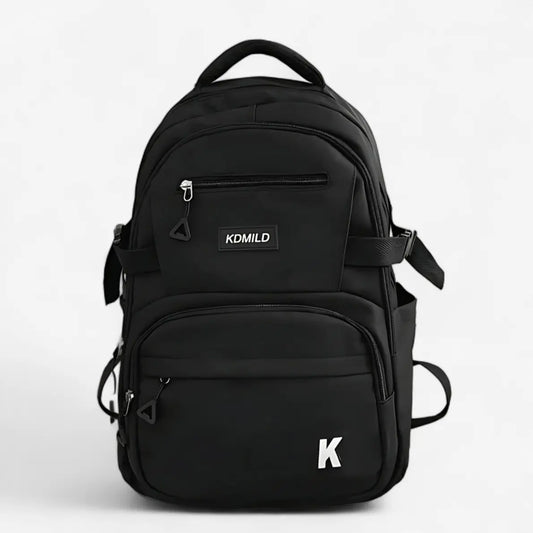 Sac à dos noir pour lycéens et étudiants – design sobre, logo KDMILD, multiples poches et grande capacité